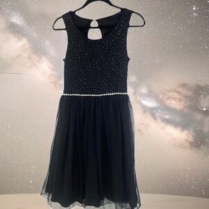 Lace Tulle Party Dress Girls Size 10 Black Rhinestone Waist Sleeveless Formal